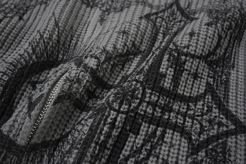 Pull col montant zippé en maille gothique à croix imprimée et effet usé