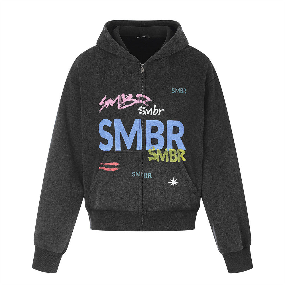 SMBR Graffiti-Logo-Zip-Hoodie – Verwaschene Oversize-Streetwear