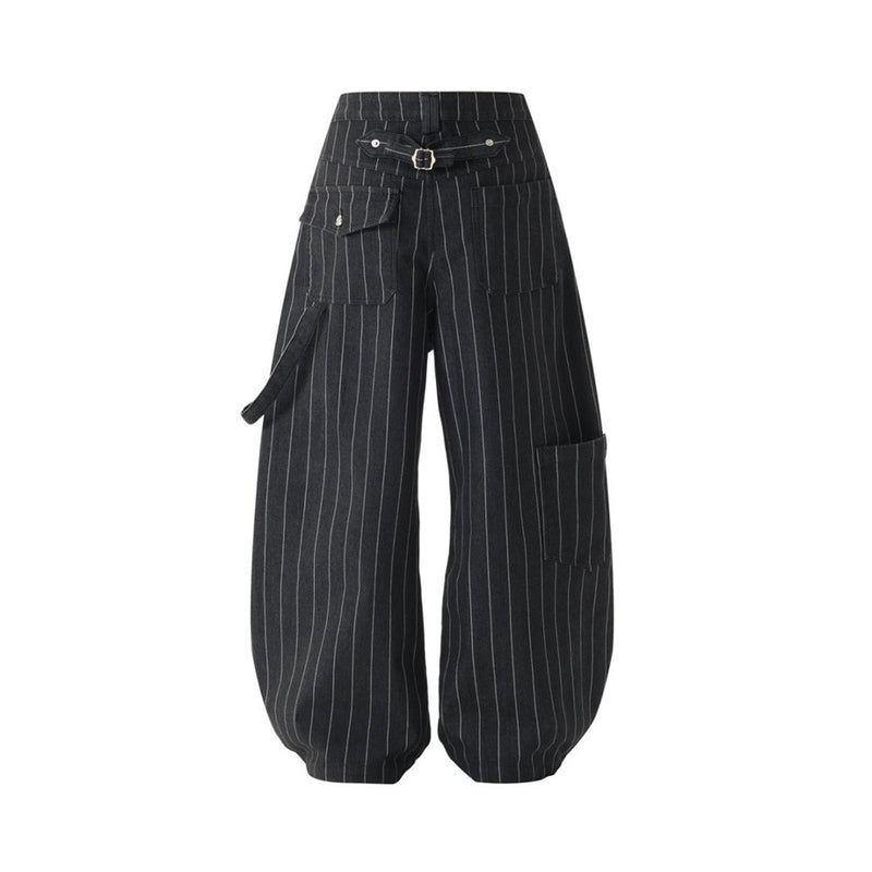 Wide-Leg Pinstripe Cargo Pants – Oversized Silhouette with Irregular Pockets