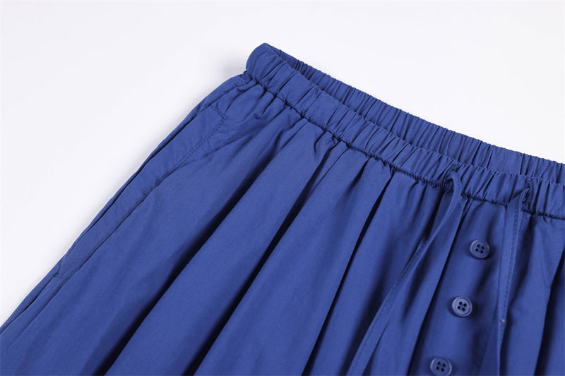 Wide-Leg Relaxed Fit Pants – Elastic Drawstring Waist, Button Placket, Solid