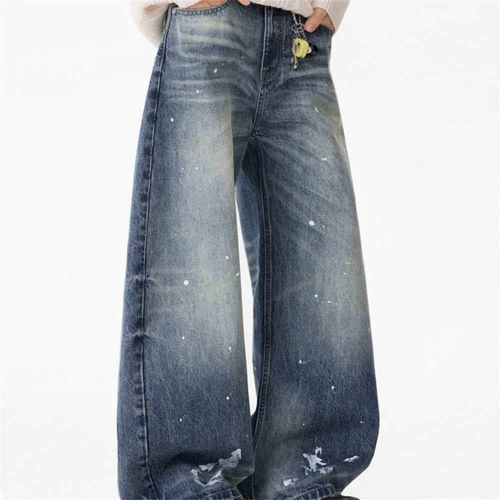 Wide-Leg Baggy Jeans – Vintage Wash, Paint Splatter & Distressed Hem