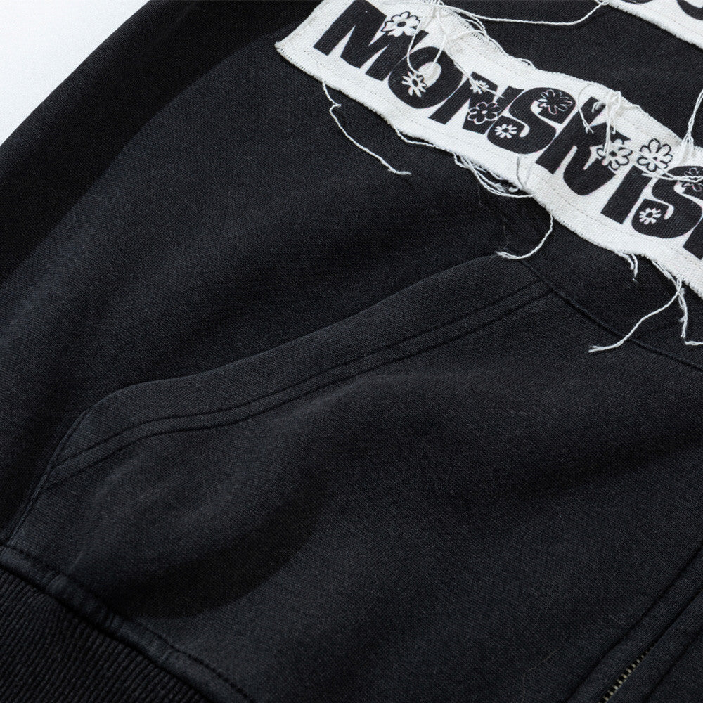 Fur Trim Zip-Up Hoodie with Letter Patch Appliqué and Washed Finish