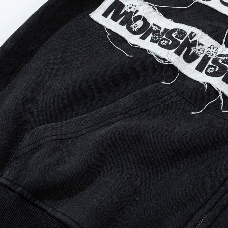 Fur Trim Zip-Up Hoodie with Letter Patch Appliqué and Washed Finish