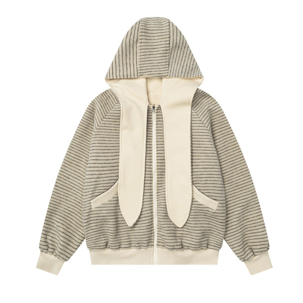 Sudadera reversible con capucha y cremallera, con orejas de conejo a rayas en color crema, paneles de orejas caídas y cierre frontal completo