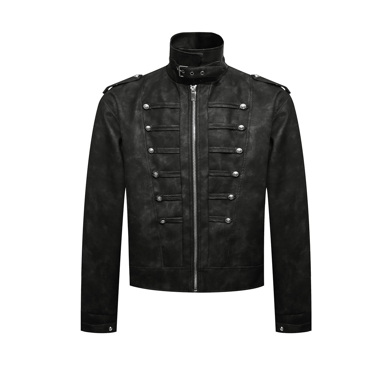 Men's military-style distressed faux leather jacket with band collar, silver decorative buttons, and front zipper in black