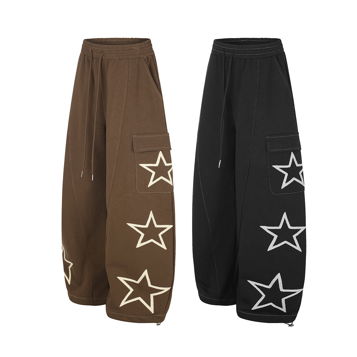 Pantalon cargo de survêtement baggy brodé d’étoiles – Pantalon à jambes larges et cordon
