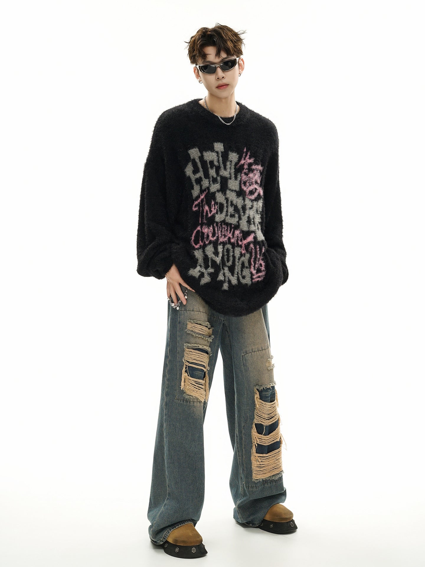 Pull oversize en maille jacquard à lettrage – Hell Is Empty, motif graffiti