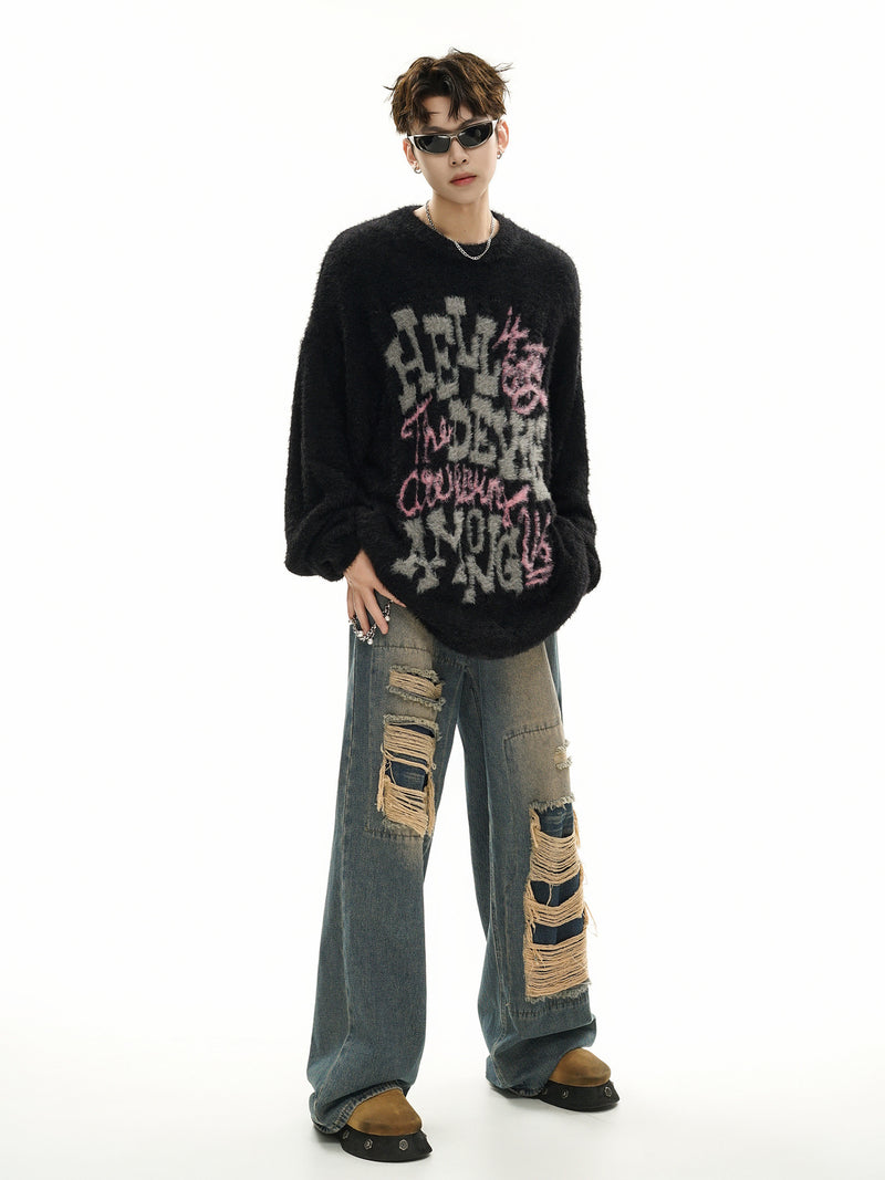 Pull oversize en maille jacquard à lettrage – Hell Is Empty, motif graffiti