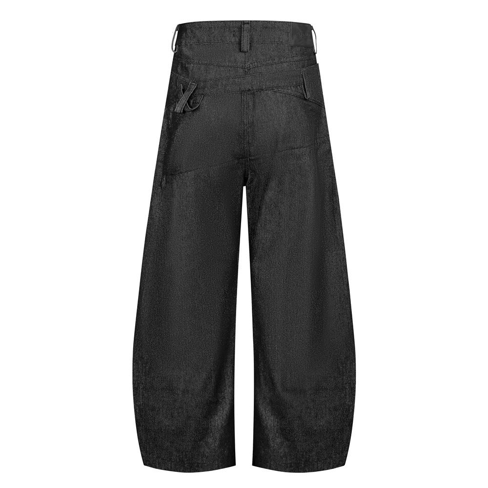 Jean wide leg noir homme avec double ceinture et empiècement diagonal