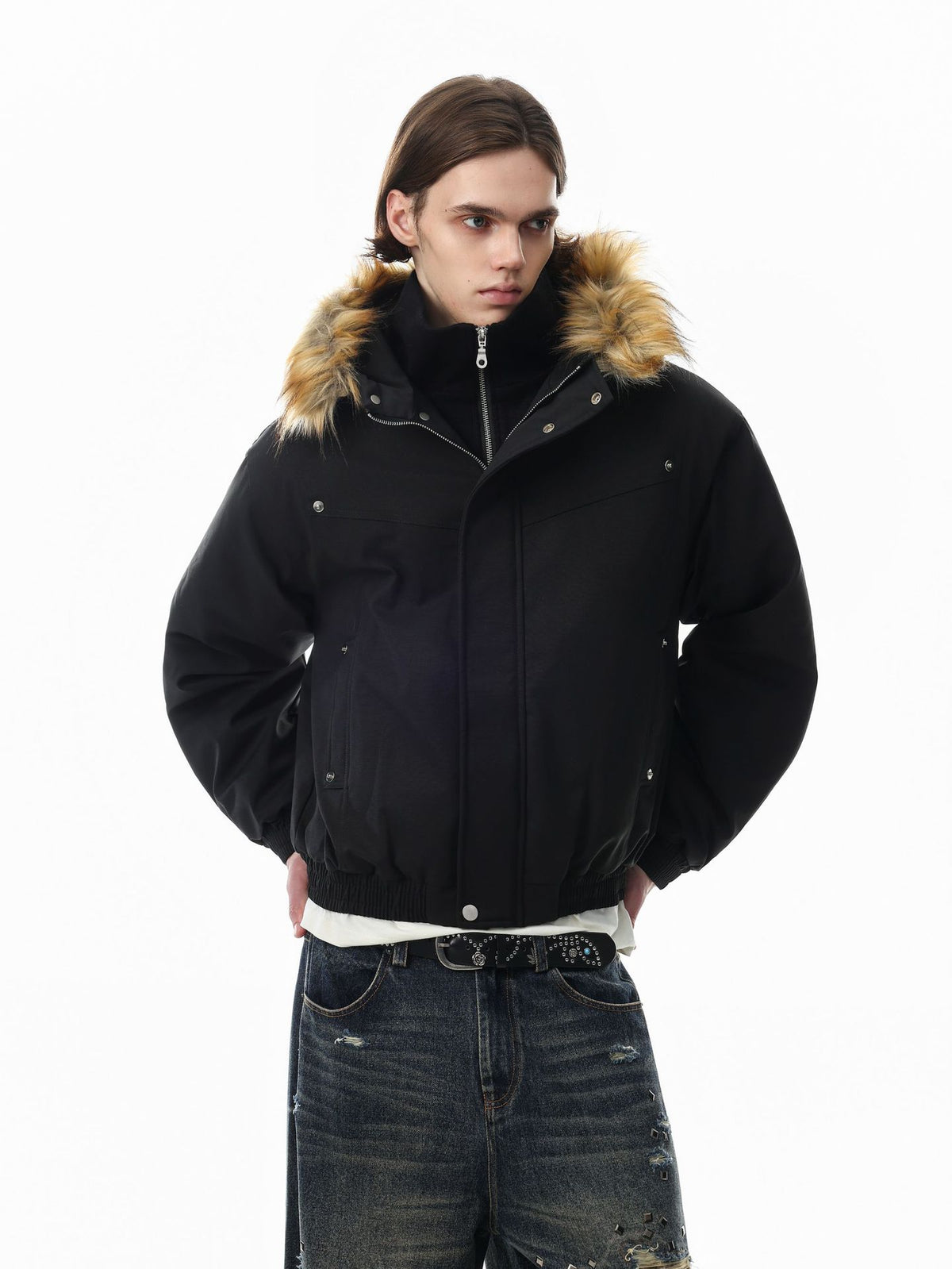 Fur Collar Padded Bomber Jacket – Vintage American Streetwear Winter Coat