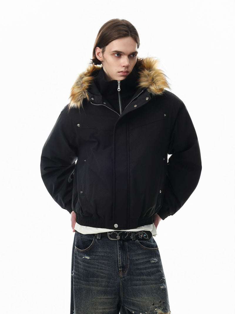 Fur Collar Padded Bomber Jacket – Vintage American Streetwear Winter Coat