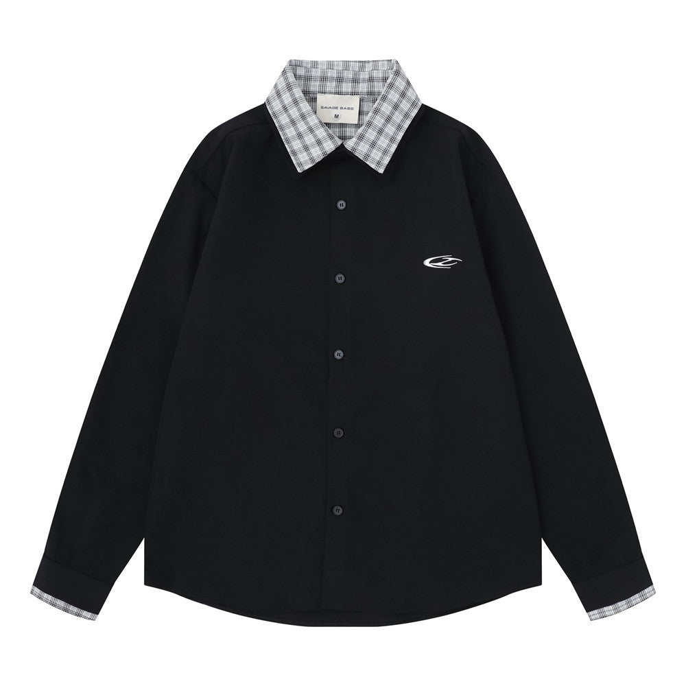 Men's faux two-piece plaid collar long sleeve button-up shirt in black with grey plaid contrast collar and cuff lining