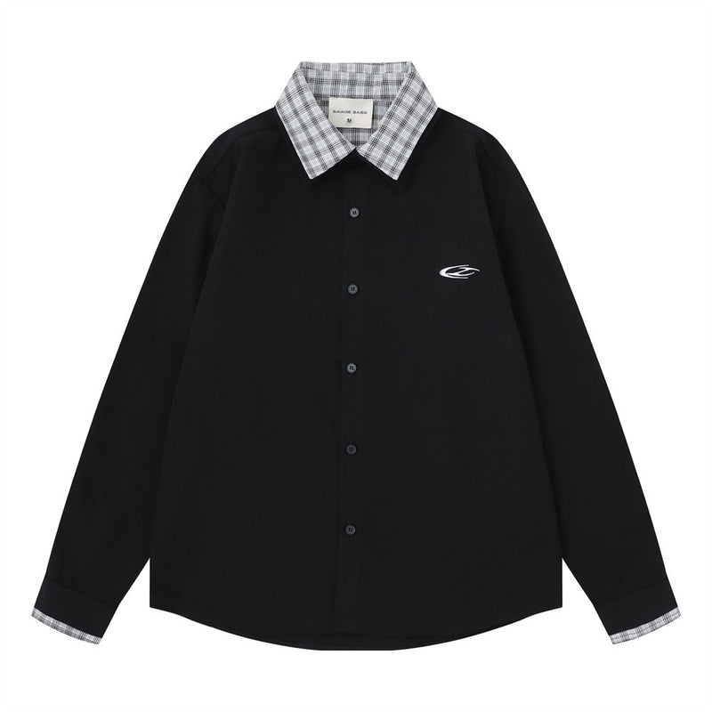 Men's faux two-piece plaid collar long sleeve button-up shirt in black with grey plaid contrast collar and cuff lining