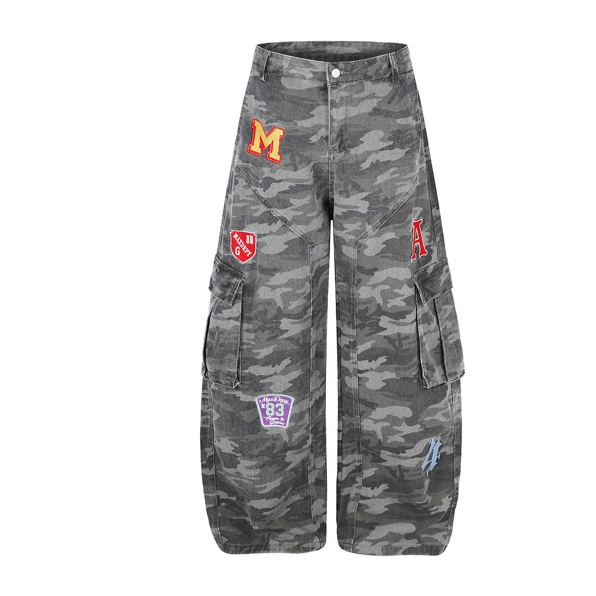 Grey camouflage wide-leg cargo denim pants with colorful embroidered varsity patches on the front legs