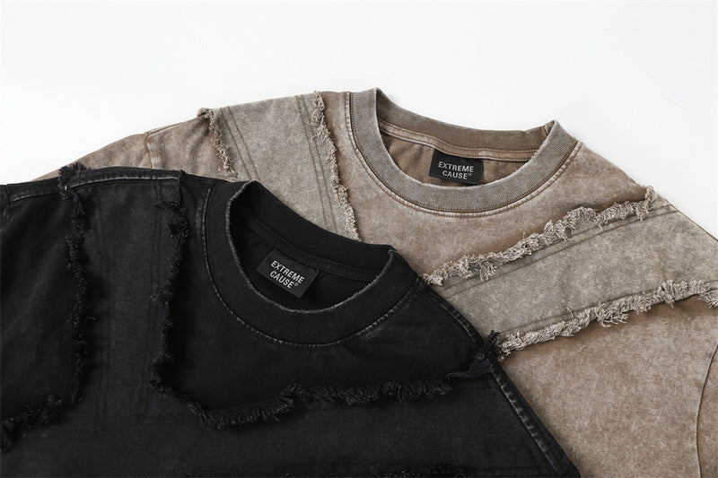 Men's Oversized Washed Cotton Tee with Frayed Cross Patchwork Design