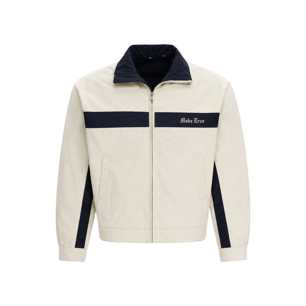 Colorblock Zip-Up Men's Casual Jacket – Two-Tone Contrast Panel
