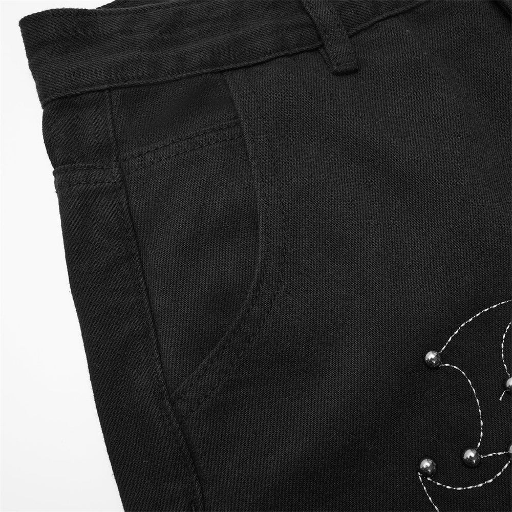 Schwarze Wide-Leg-Hose für Herren – Flammen- und Sternstickerei mit Nieten, gerade geschnitten