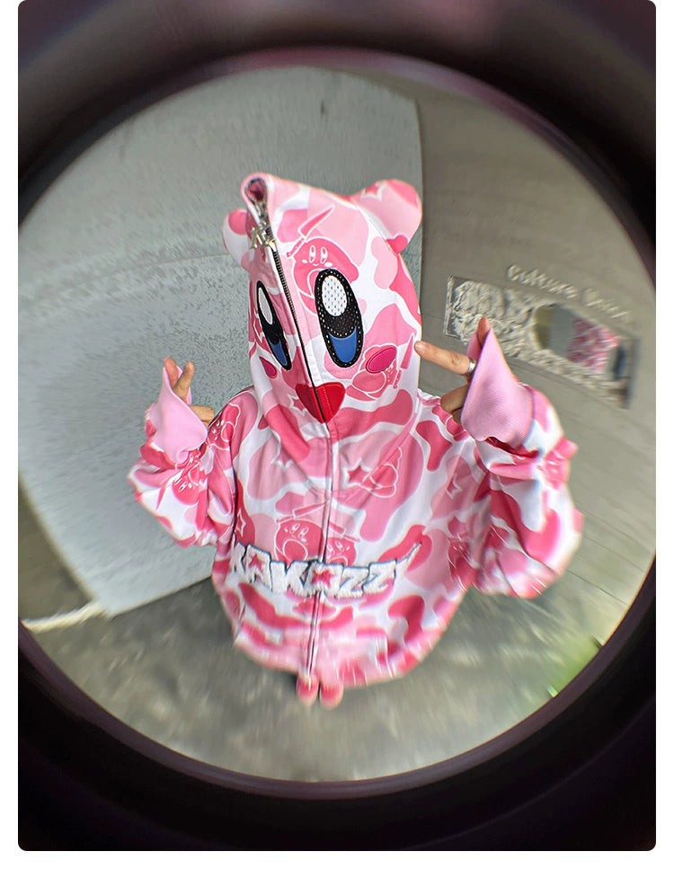 Pink Kirby-Inspired Hoodie - 400GSM Cotton with Camo Design and 3D Ears