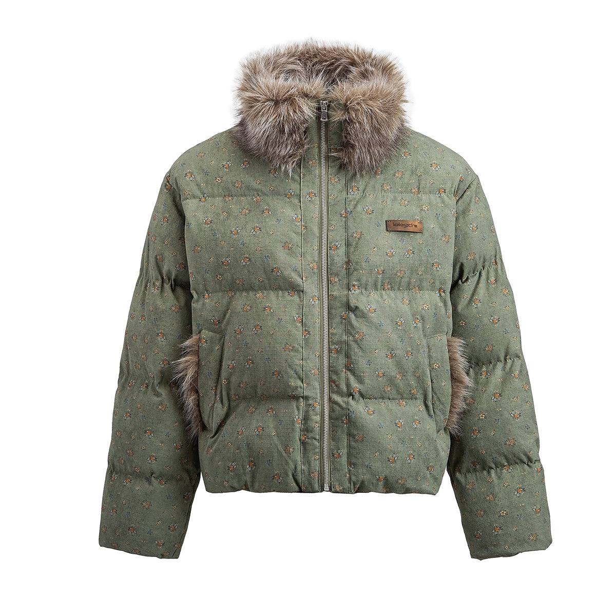Floral Print Puffer Jacket with Faux Fur Collar – Cropped Fit Men's Winter Coat