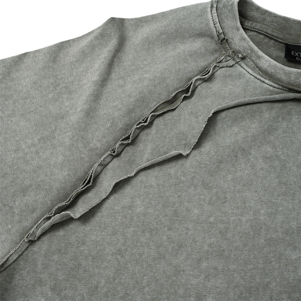 T-shirt manches longues à double épaisseur effet superposé, délavé à l’acide – Col ras-du-cou punk pour homme à ourlet brut