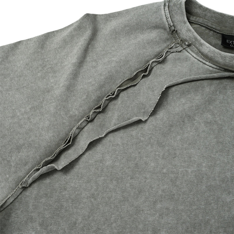 T-shirt manches longues à double épaisseur effet superposé, délavé à l’acide – Col ras-du-cou punk pour homme à ourlet brut