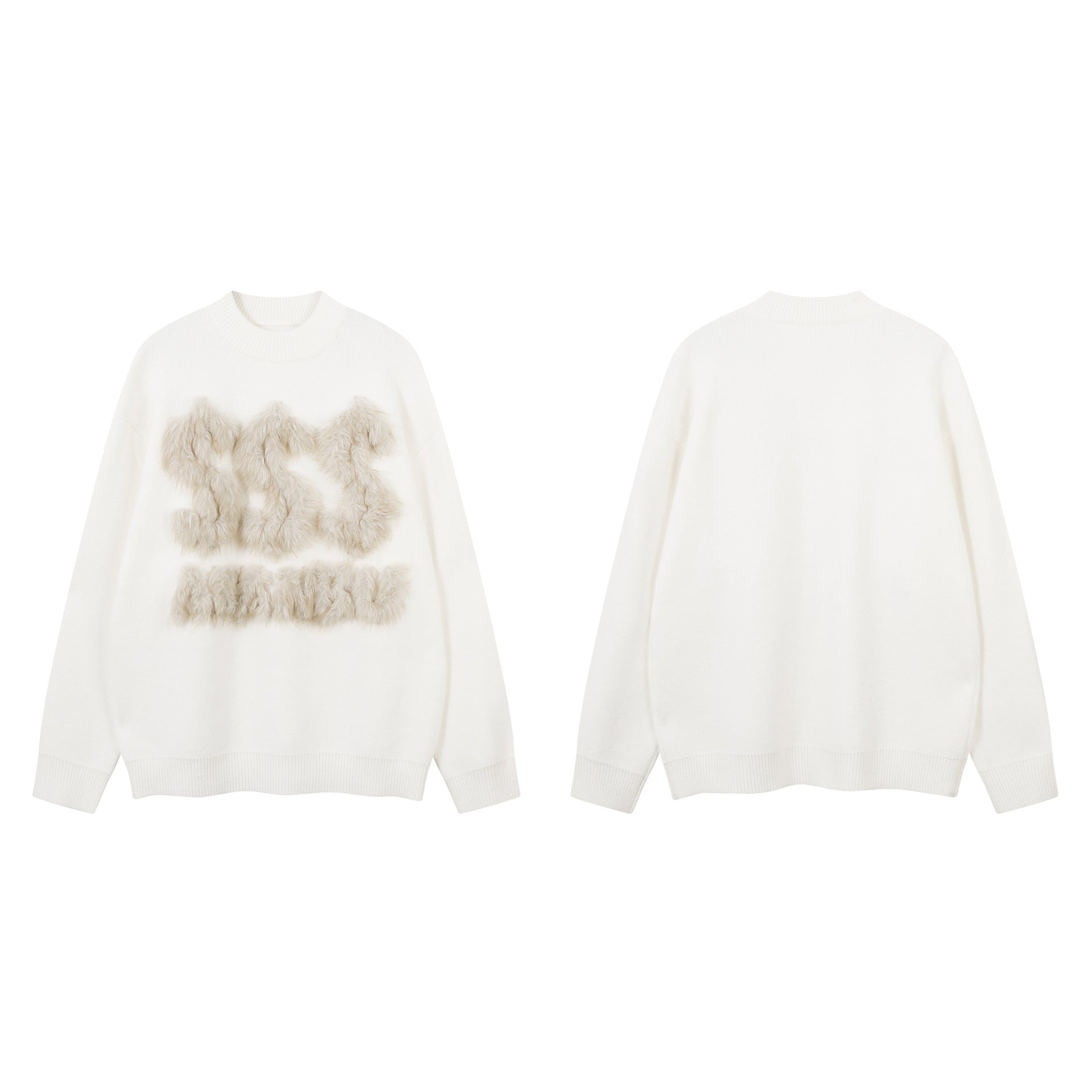 Pull gris à col rond – Maille oversize avec motif en fausse fourrure