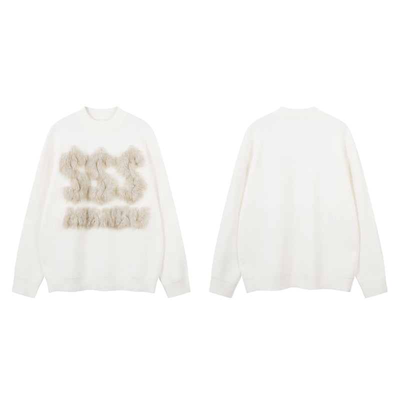 Pull gris à col rond – Maille oversize avec motif en fausse fourrure