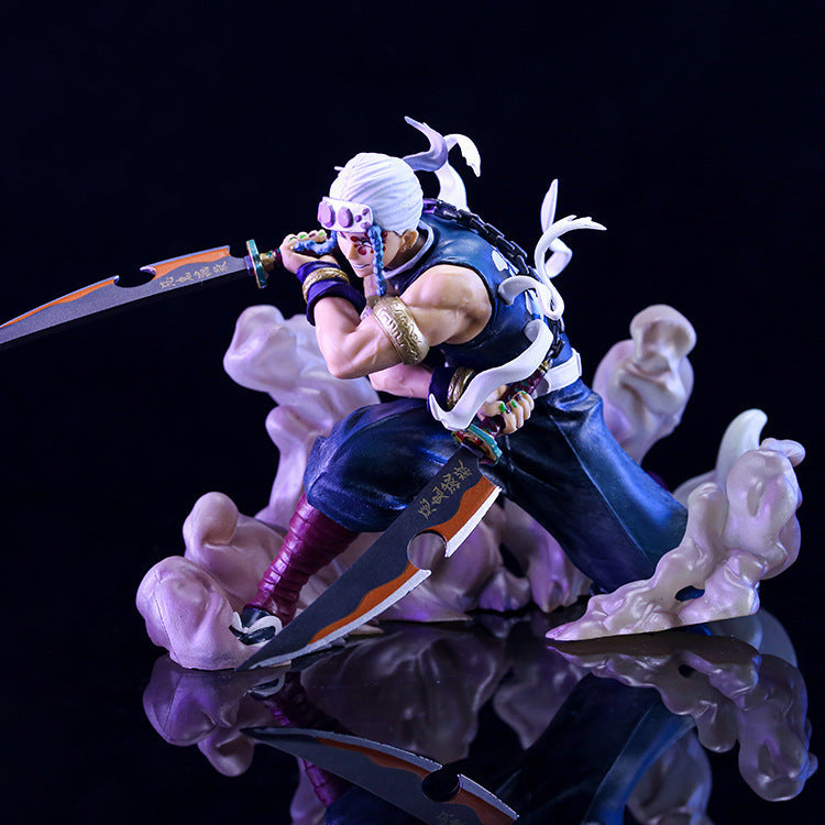 The Uzui Tengen Action Figure from Demon Slayer features a 14CM detailed figure showcasing his muscular build and signature dual swords in a dynamic pose with swirling smoke elements, sleeveless top, and arm guards against a dark backdrop.