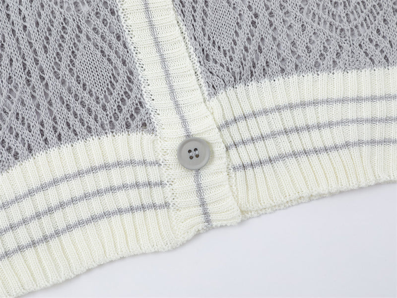 Cardigan en maille ajourée à col rond pour homme – Texture losanges, coupe décontractée