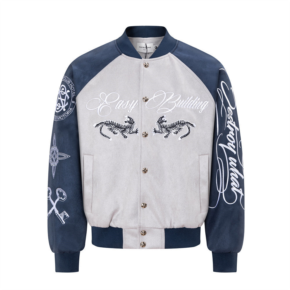 Oversized Varsity-Bomberjacke von Easy Building mit Schriftzug-Stickerei und Tigermotiv im Marineblau-Grau-Colorblock