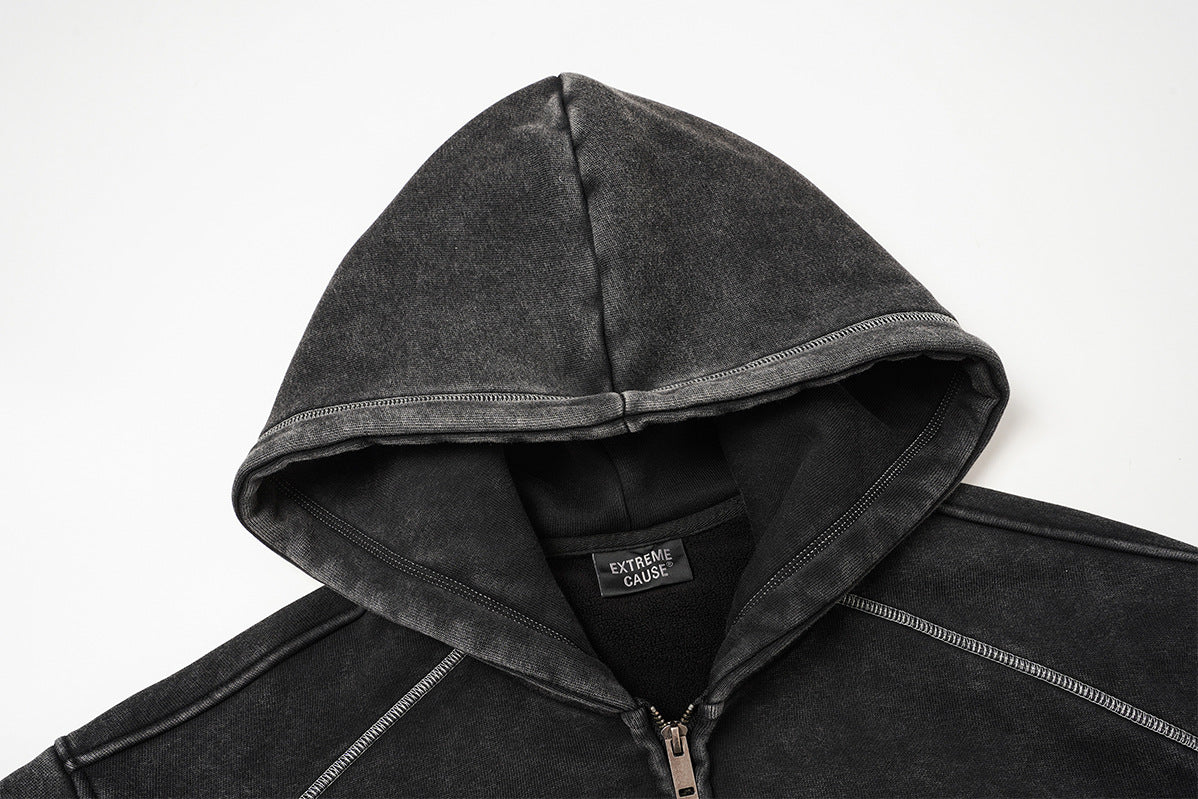 Zip Up Fleece Hoodie – Acid Wash Oversized Contrast Stitch