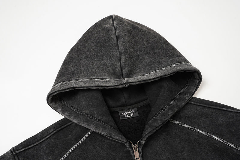 Zip Up Fleece Hoodie – Acid Wash Oversized Contrast Stitch