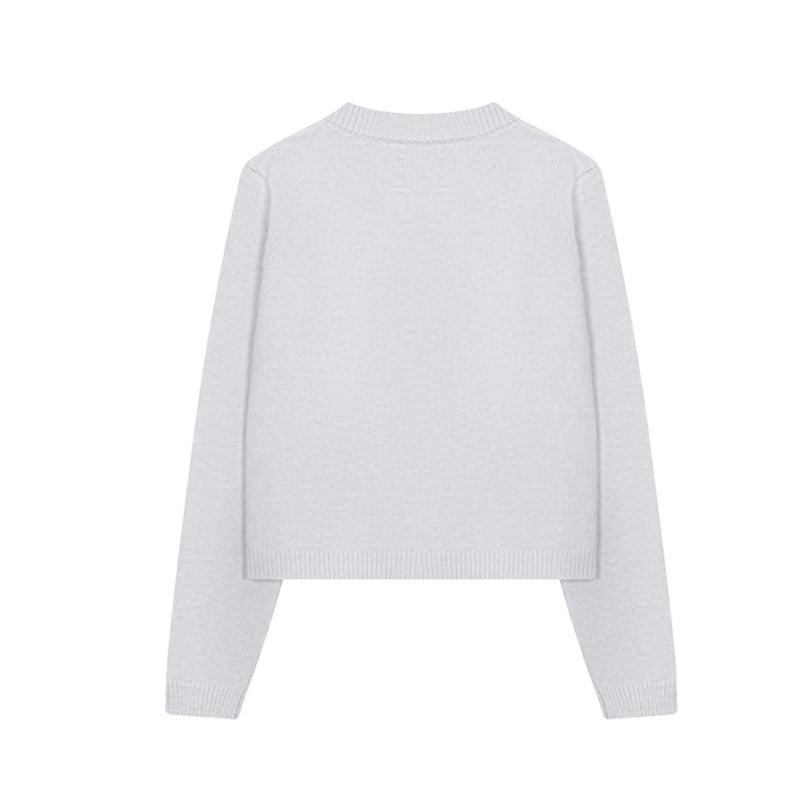Pixel Bear Jacquard Knit Cardigan Sweater – Round Neck Button-Front