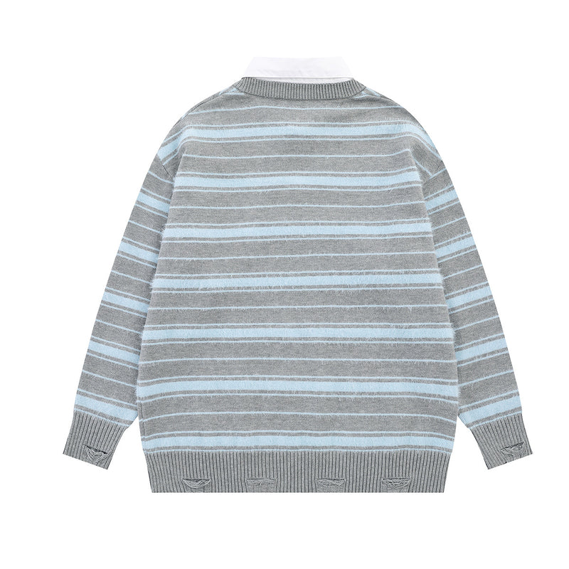 Striped Knit Sweater with Layered Shirt Collar and Tie Detail, Preppy Academy