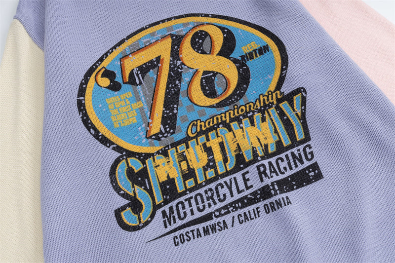 78 Speedway Colorblock Knit Sweater – Oversized Crewneck with Racing Graphic