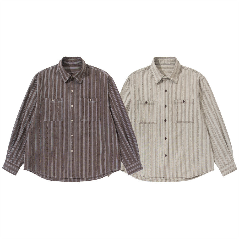 Men's Vintage Striped Oversized Long-Sleeve Shirt with Dual Chest Pockets