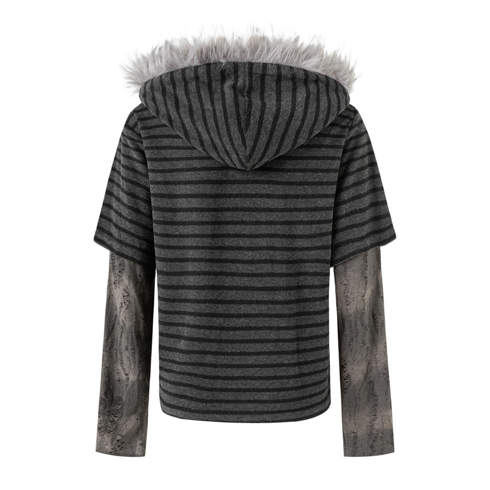 Striped Faux-Layer Gothic Hoodie with Fur-Trim Hood and Graphic Print