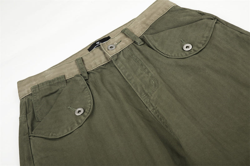 ワイドレッグカーゴパンツ｜カラーブロック配色ウエストバンド、ヴィンテージウォッシュ ストレート
