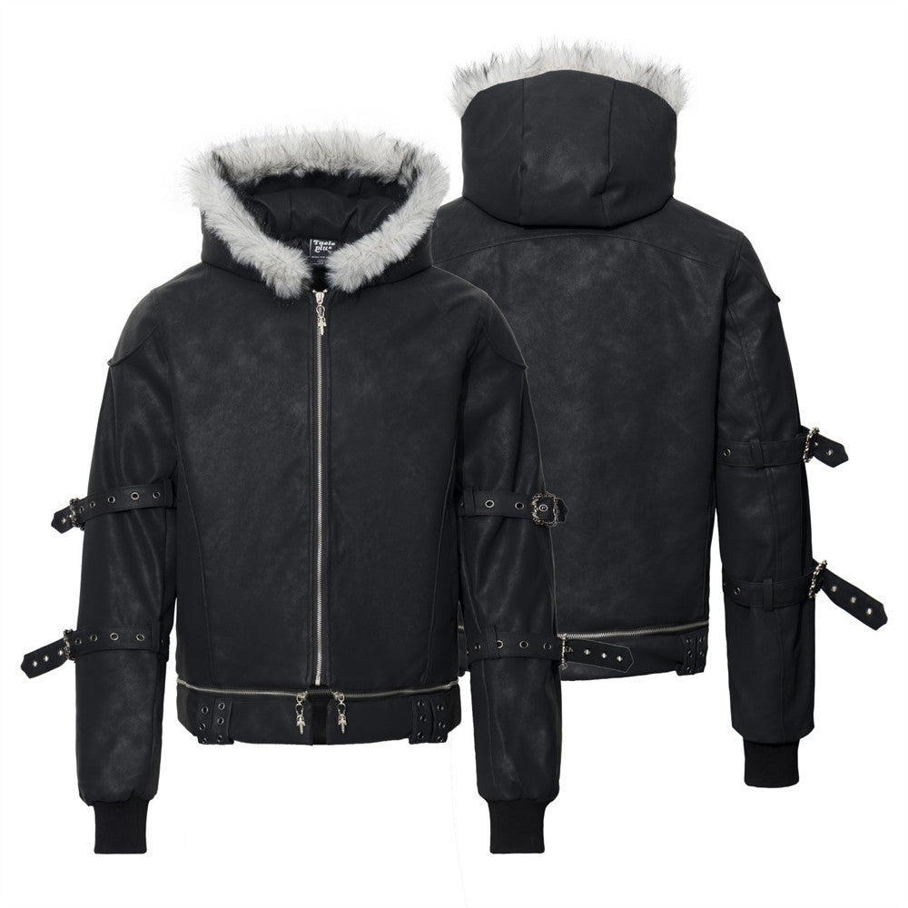 Black Punk PU Leather Hooded Jacket with Faux Fur Trim & Buckle Strap Sleeves