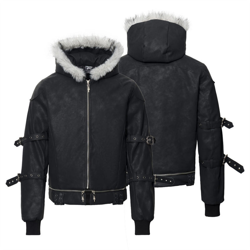 Black Punk PU Leather Hooded Jacket with Faux Fur Trim & Buckle Strap Sleeves