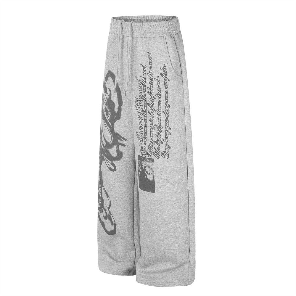 Wide-Leg Sweatpants with Graffiti Script & Vintage Photo Print – Heather Grey