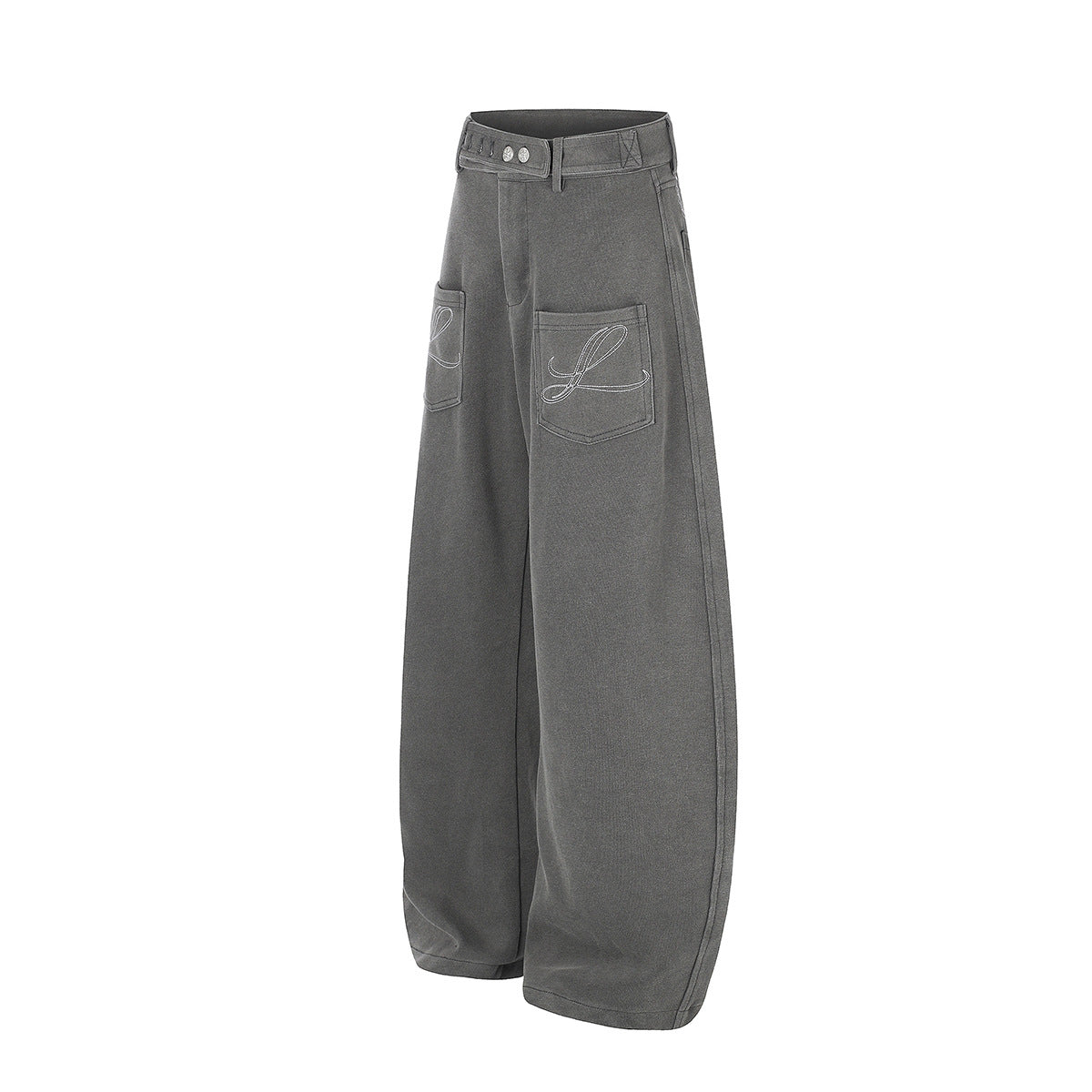Pantalon habillé à jambes larges – Coupe baggy délavée avec poches brodées et ceinture croisée