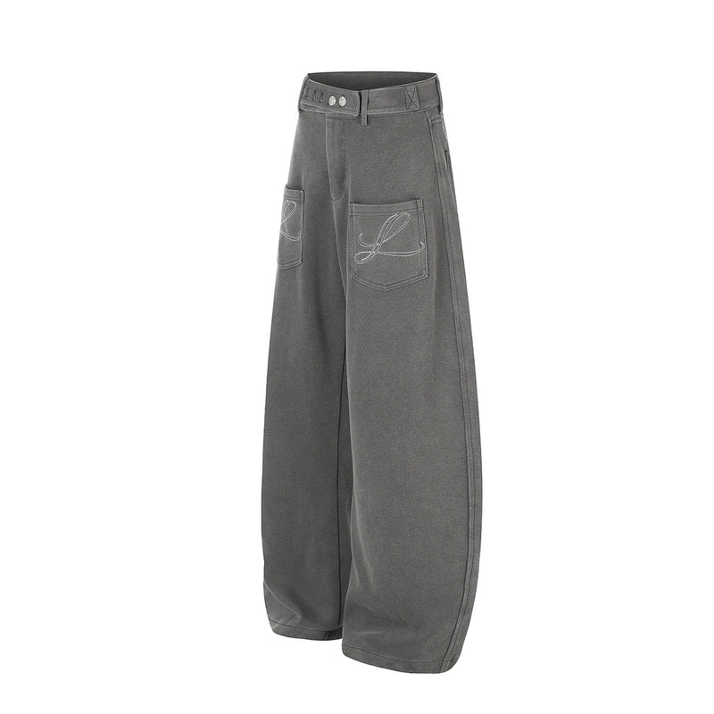 Pantalon habillé à jambes larges – Coupe baggy délavée avec poches brodées et ceinture croisée