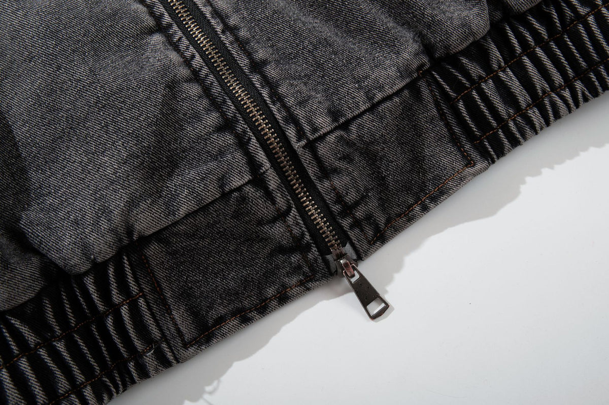 Washed Denim Padded Hoodie Jacket with Embroidered Logo & Sherpa Collar