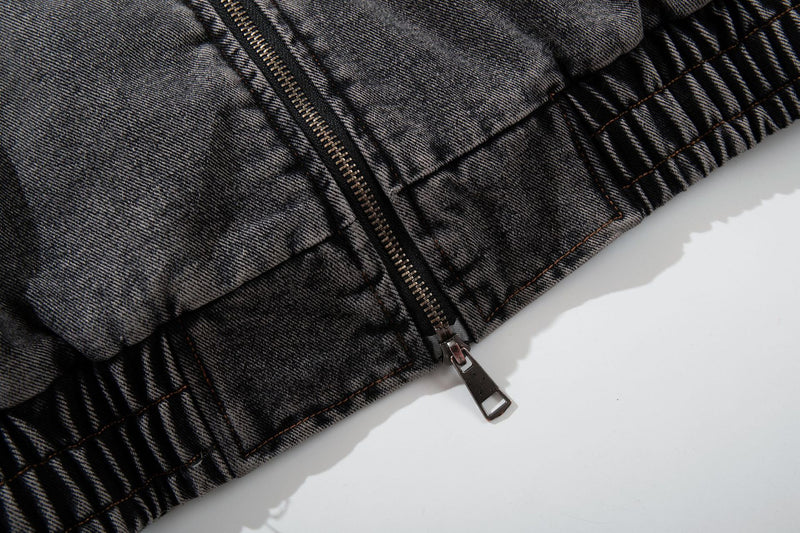 Washed Denim Padded Hoodie Jacket with Embroidered Logo & Sherpa Collar