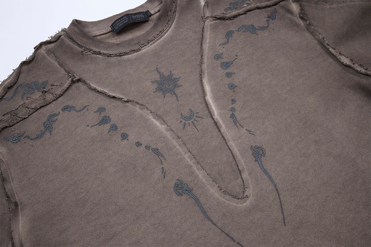Long Sleeve Acid Wash Shirt with Celestial Print & Raw-Edge Seam Detail