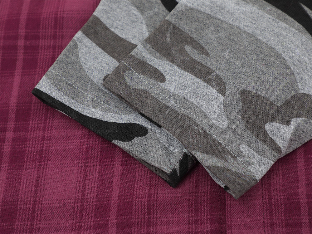 Men's Plaid & Camo Splice Long Sleeve Shirt with Figure Graphic Print