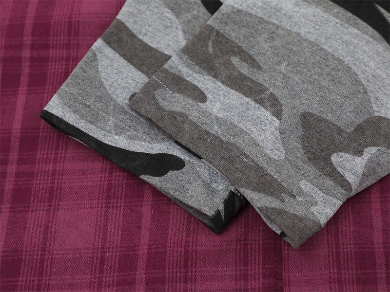 Men's Plaid & Camo Splice Long Sleeve Shirt with Figure Graphic Print