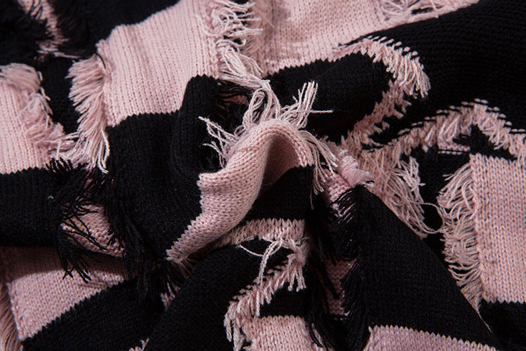 Pull oversize en maille rayée à étoiles délavée – Col rond à franges