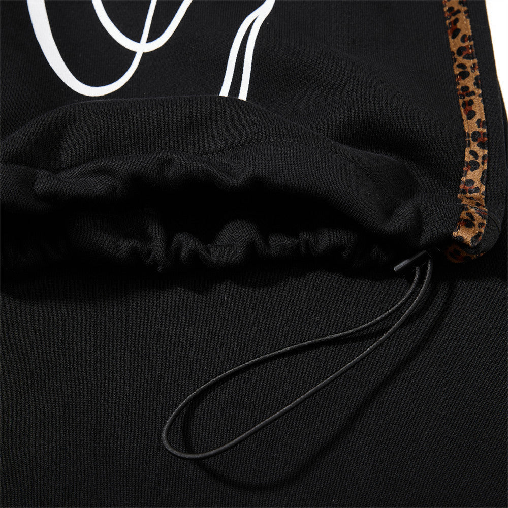 Dark Streetwear Wide-Leg Sweatpants with Leopard Side Tape & Script Print